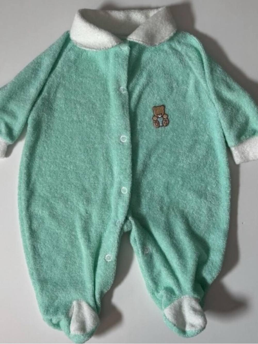 70s Vintage Terrycloth Embroidered Teddy Bear Mint Green Baby Sleeper NB 11LBS